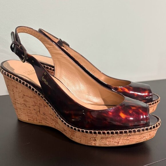 Stuart Weitzman Patent Leather Wedges Platform Peep Toe Tortoise Shell Size 9.5 - Picture 1 of 9